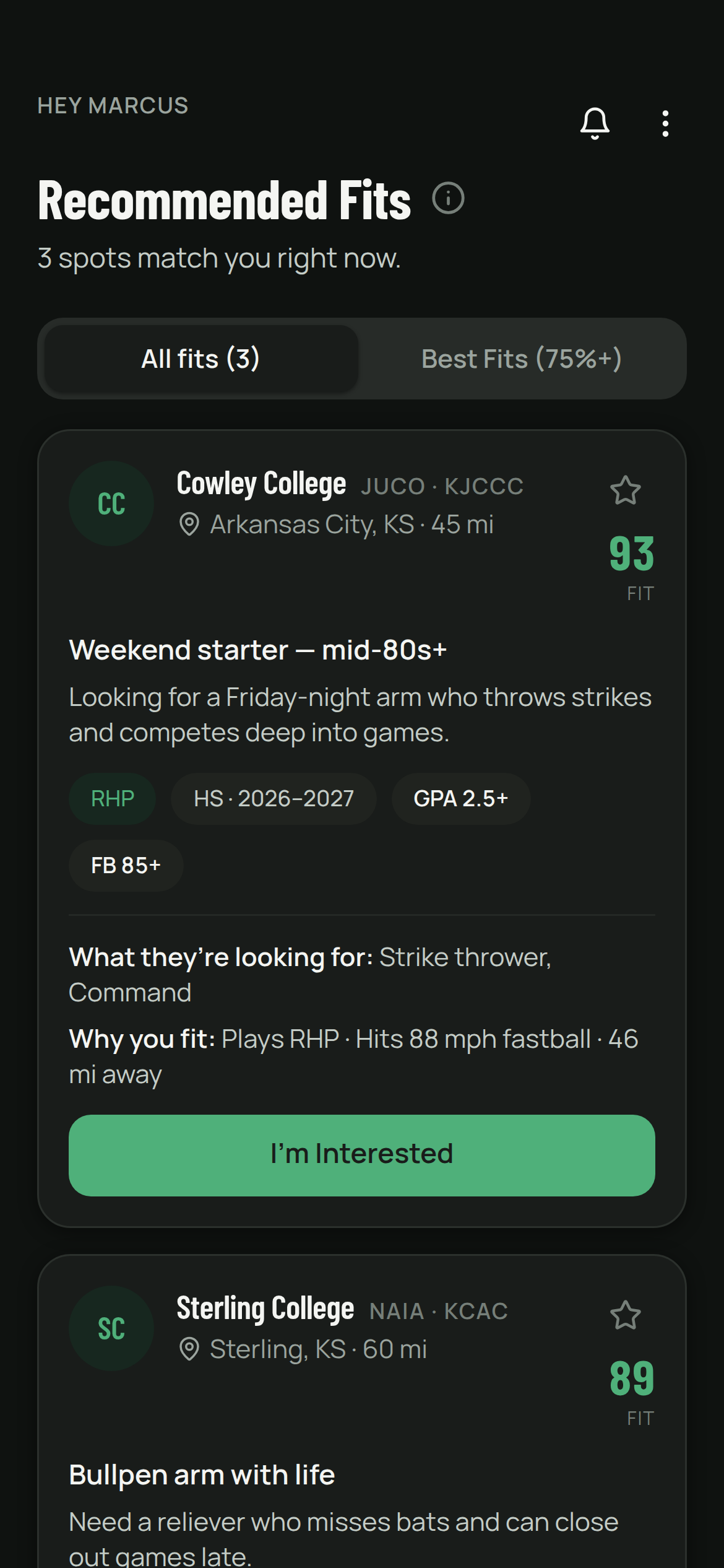 Player fits feed ranked by fit